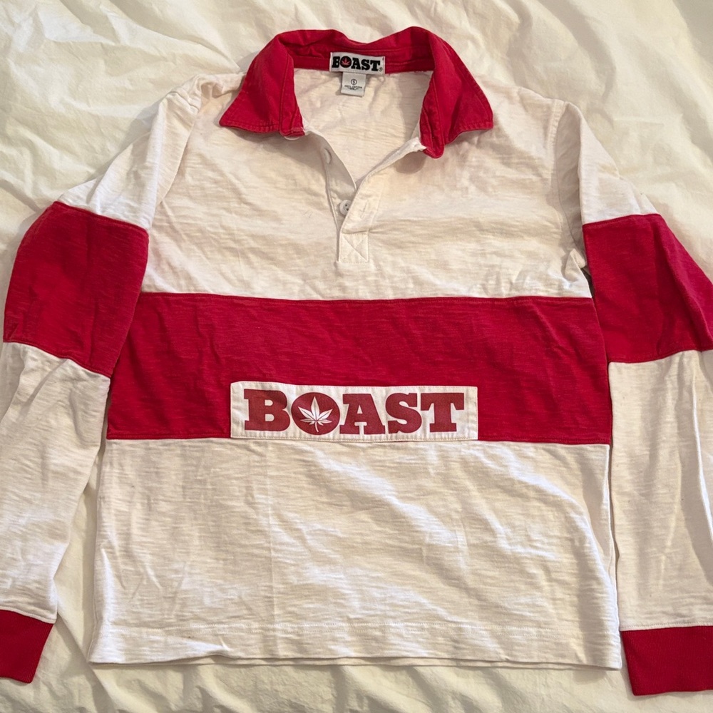 Boast Men's Red and White Rugby Shirt